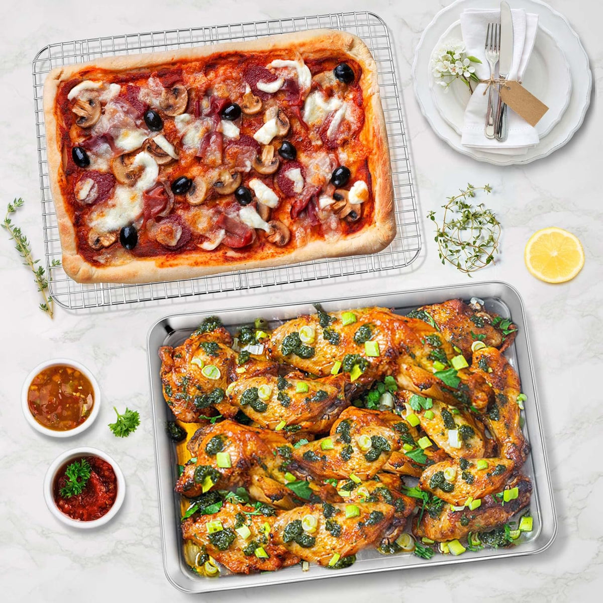 P&P CHEF 16 Inch Baking Sheet and Rack Set, Stainless Steel Cookie Sheets Oven Baking Pans Trays with Cooling Racks for Cooking & Roasting, Oven & Dishwasher Safe, (2Pcs)