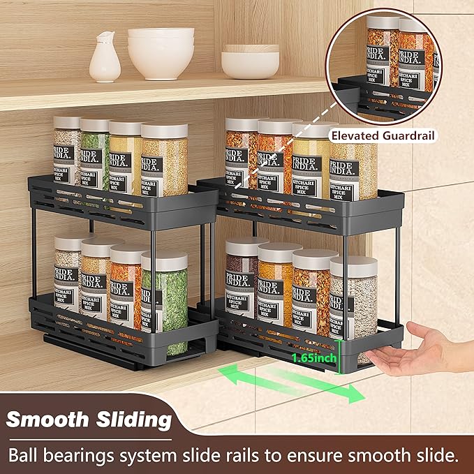 2 Pack Pull Out Spice Rack Organizer for Cabinet, 2Tier Slide Out Spice Racks Organizer, Spice Cabinet Organizers, Cabinet Size Need:12'' Highx11'' Deepx5'' Wide, Upgraded-Black