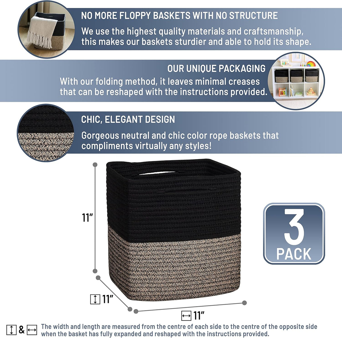 NaturalCozy Storage Cubes 11 Inch Cotton Rope Woven Baskets for Organizing, 3-Pack | Cube Storage Bin | Square Storage Baskets for Shelves Organizer, Classroom, Kids Toy Bins, Closet, Baby Nursery