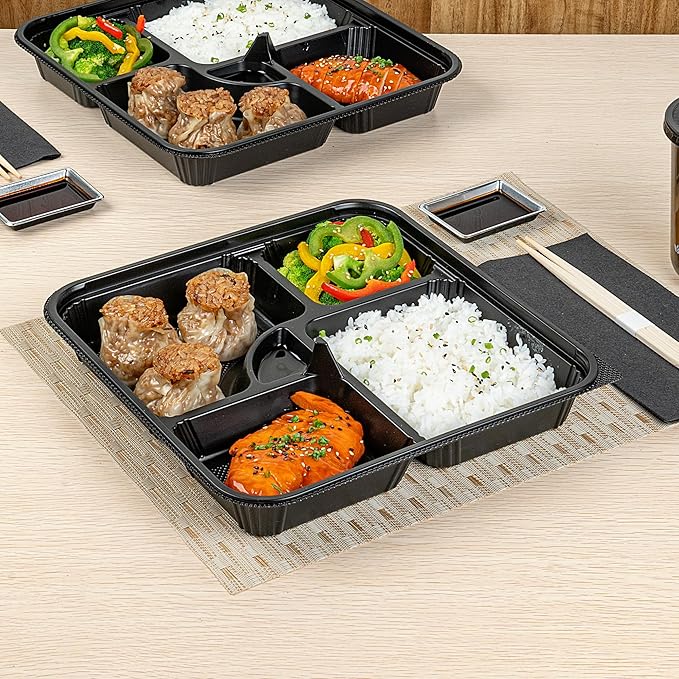 Restaurantware-Bento Tek 39.6 Ounce Meal Prep Containers, 100 Disposable To Go Food Boxes - Lids Sold Separately, 5 Compartments, Black Plastic Bento Lunch Boxes, Microwavable, Freezable