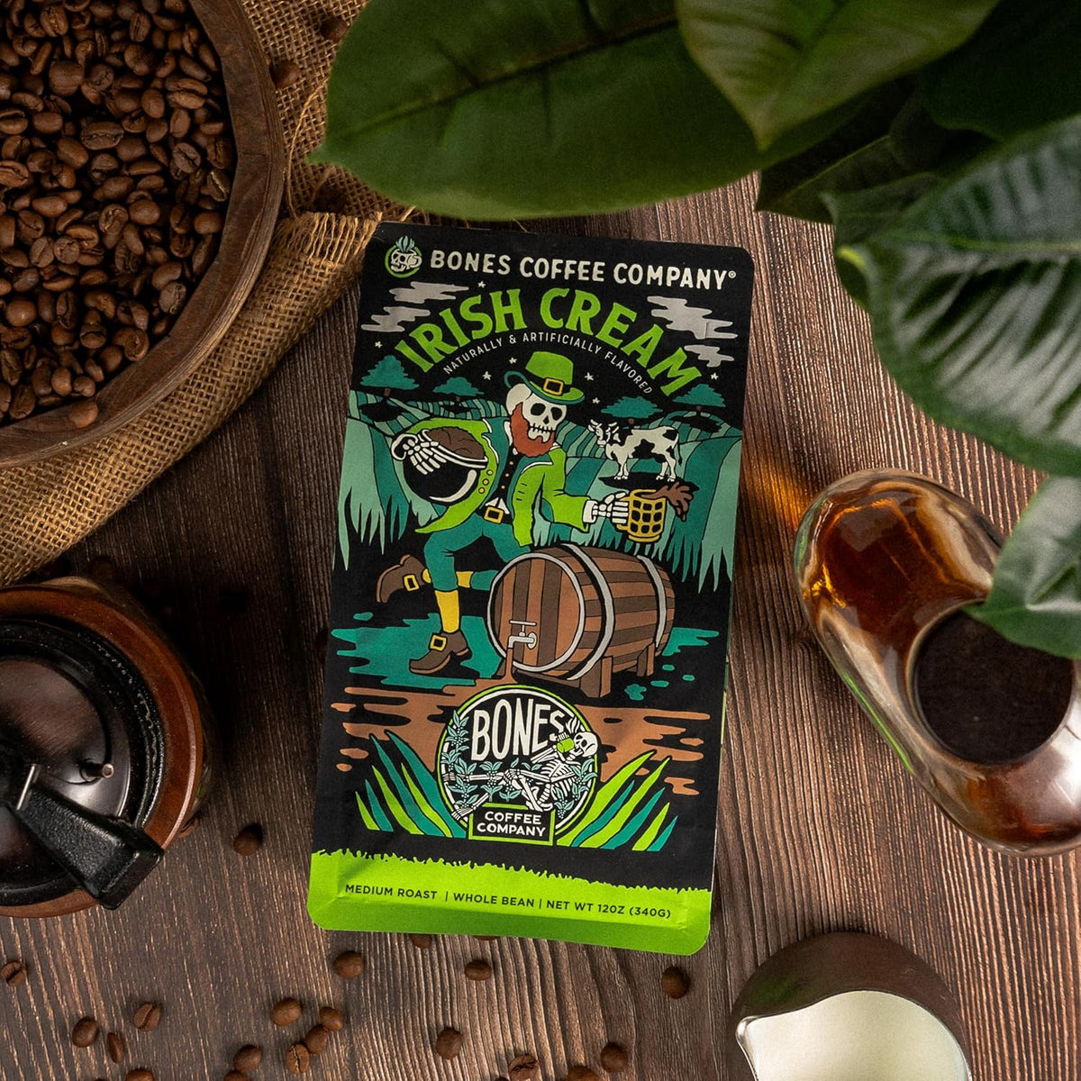 Bones Coffee Company Irish Cream, Creamy Liqueur Flavored Coffee, Medium Roast Low Acid Arabica Beans Compatible with Auto drip and French Press Coffee Maker, 12 Oz Whole Bean