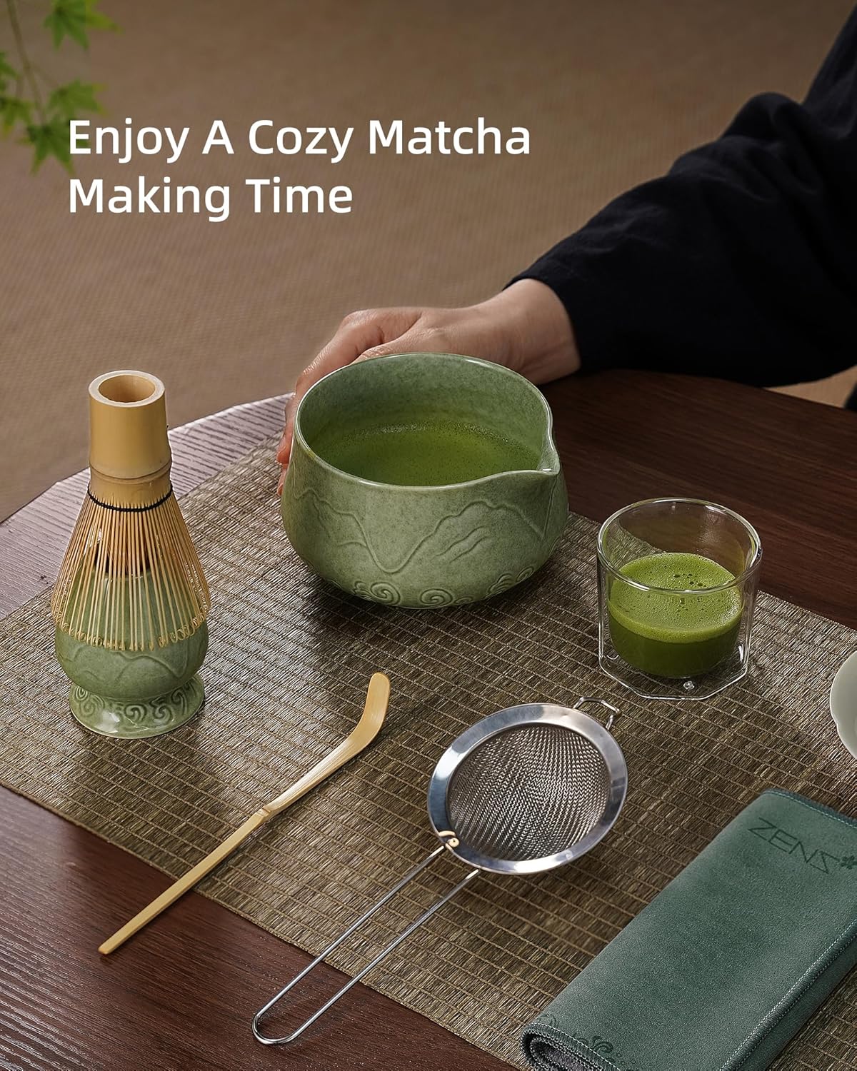 ZENS Matcha Whisk Set, 15oz Ceramic Matcha Set Includes Matcha Bowl, Bamboo Whisk & Chasen Holder, Sifter, Scoop & Tea Towel, 6pcs Matcha Kit for Matcha Latte, Emerald Green
