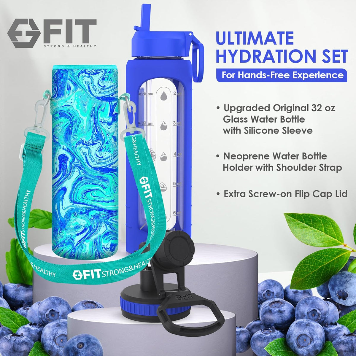 FIT Strong & Healthy 32 oz Glass Water Bottle with Straw Lid, Time Marker, Sleeve & Extra Lid - Motivational, Wide Mouth 1 Liter Glass Drinking Bottle