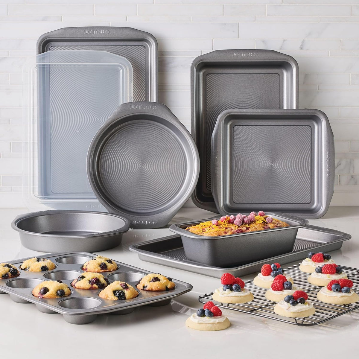 Circulon Nonstick Heavy Gauge Steel Bakeware Set with Rolled Pan Edges Loaf Pan, Cookie Pan, Baking Pans, Cake Pans, Muffin Pan and Cooling Rack (10-Piece, Gray)