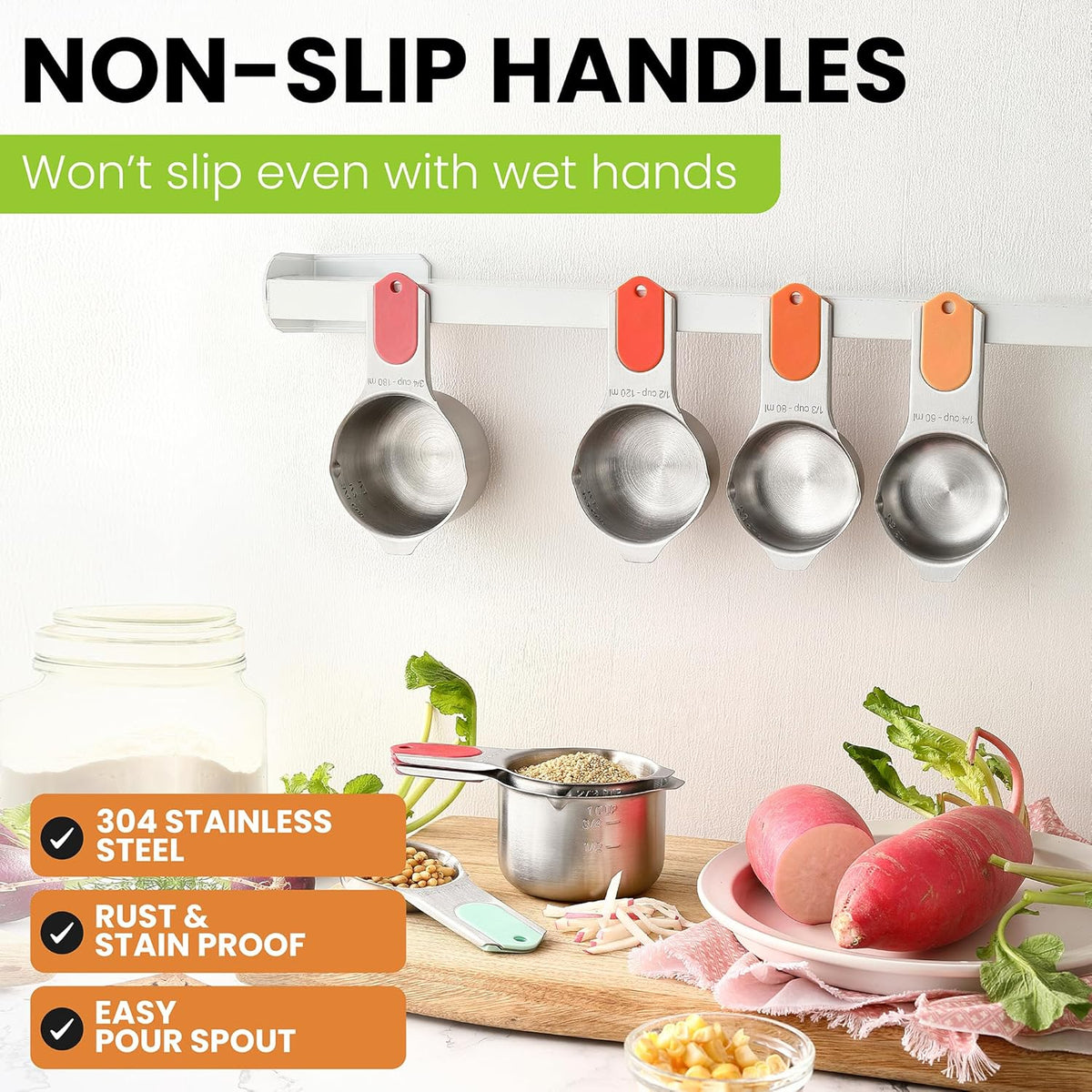Spring Chef Magnetic Stainless Steel Measuring Cups, Patented, Kitchen Tools with Easy to Read Markings for Measuring Dry or Liquid Ingredients, Set of 7, Desert Sunset