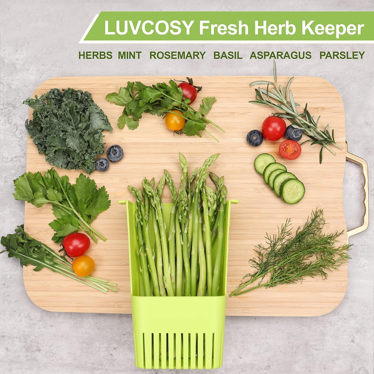 Herb Keeper, BPA-Free Plastic Herb Saver with an Inner Basket for Cilantro, Mint, Parsley, and Asparagus, Keeps Fresh Herbs for 3 Times Longer,1Pcs, Green