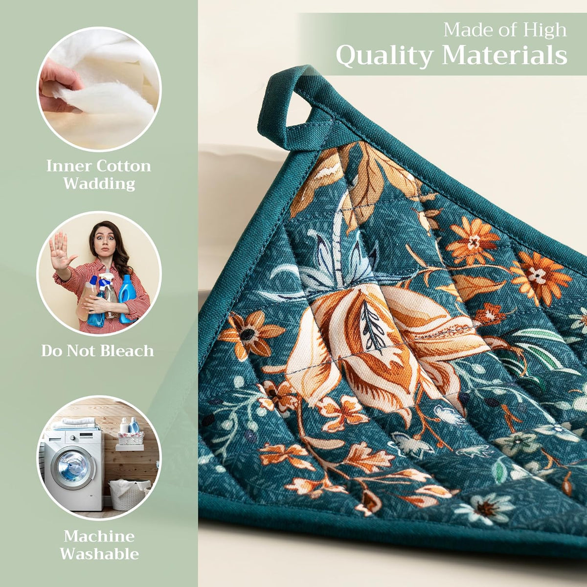 Maison d' Hermine Pot Holders 100% Cotton Heat Resistant Potholders 8" x 8" Hot Pads with Loop BBQ, Cooking, Baking, Grilling, Kitchen, Handling Hot Pans (Pack of 1, Luxury Loft-Dark Teal)