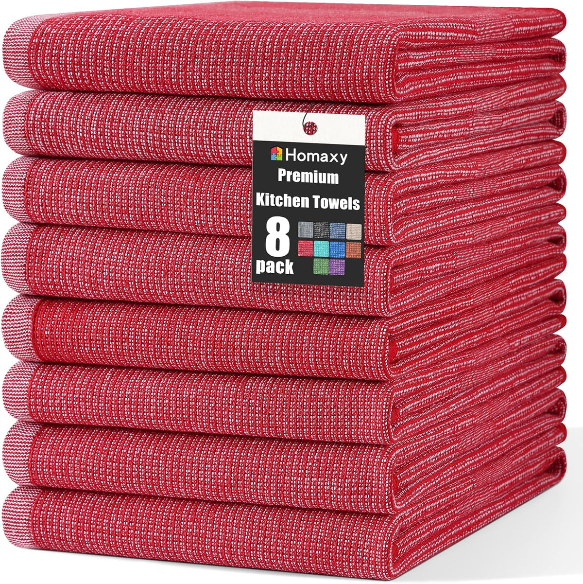 Homaxy Premium Kitchen Towels(18”x 28”, 8 Pack), Large Cotton Kitchen Hand Towels, Flat and Terry Dish Towels, 380 GSM Highly Absorbent Tea Towel Set with Hanging Loop, Red