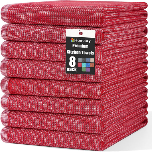 Homaxy Premium Kitchen Towels(18”x 28”, 8 Pack), Large Cotton Kitchen Hand Towels, Flat and Terry Dish Towels, 380 GSM Highly Absorbent Tea Towel Set with Hanging Loop, Red