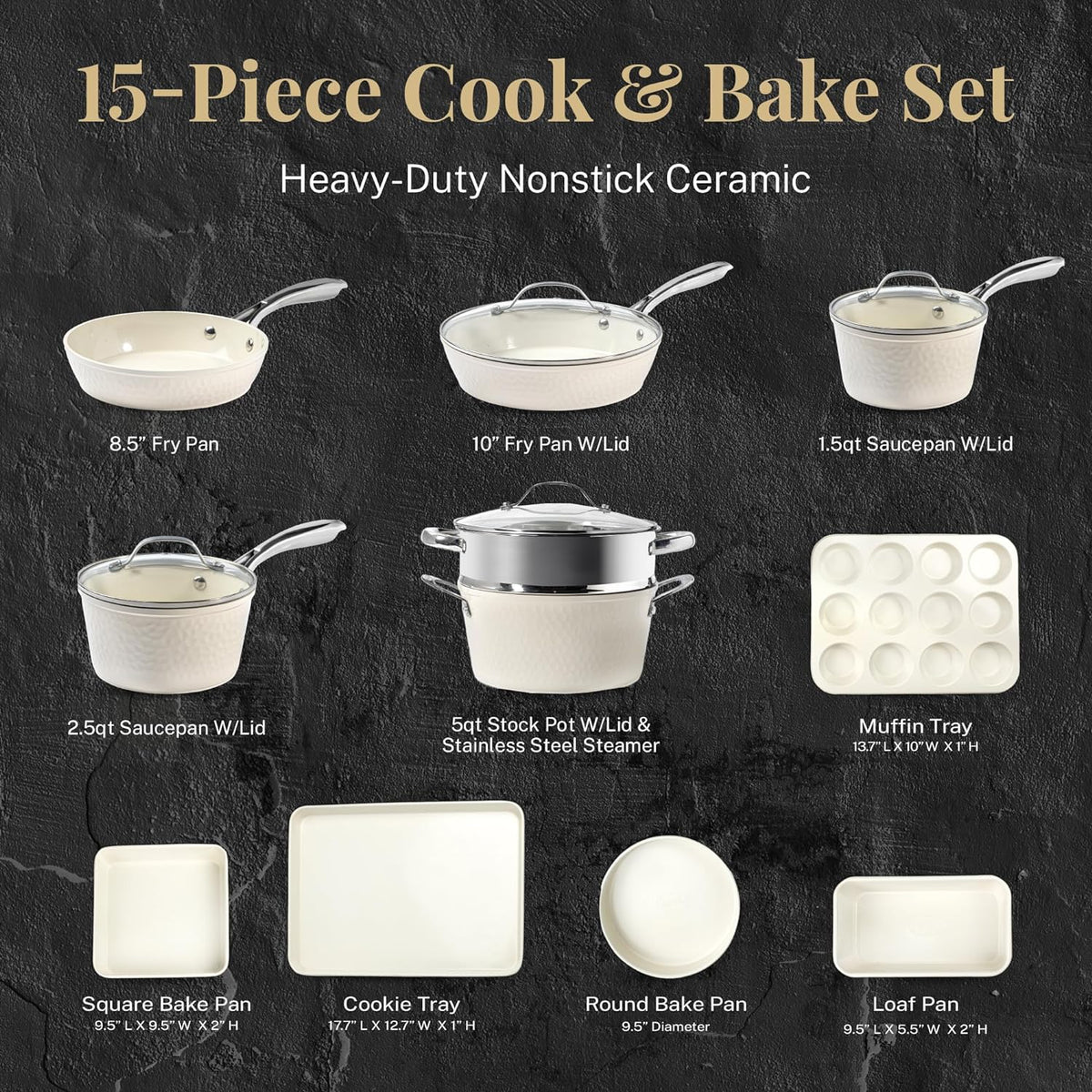 Gotham Steel Hammered 15Pcs Ceramic Cookware Set Nonstick, Induction Pots and Pans Set Non Stick with Bakeware Set & Steamer for Cooking, Non Toxic PFOA PFOS Free, Oven & Dishwasher Safe, Cream White