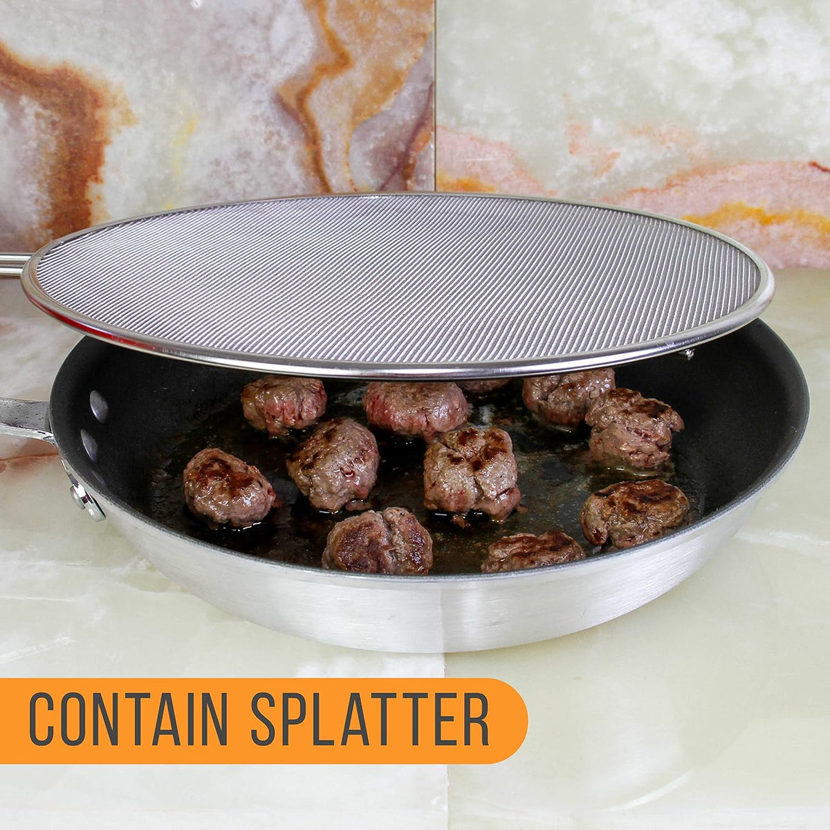 U.S. Kitchen Supply Stainless Steel Splatter Guard 13" Fine Mesh Cover, Grease & Oil, Splatter Screen for Frying Pan, Cooking Pots, with Resting Feet & Comfort Grip Handle