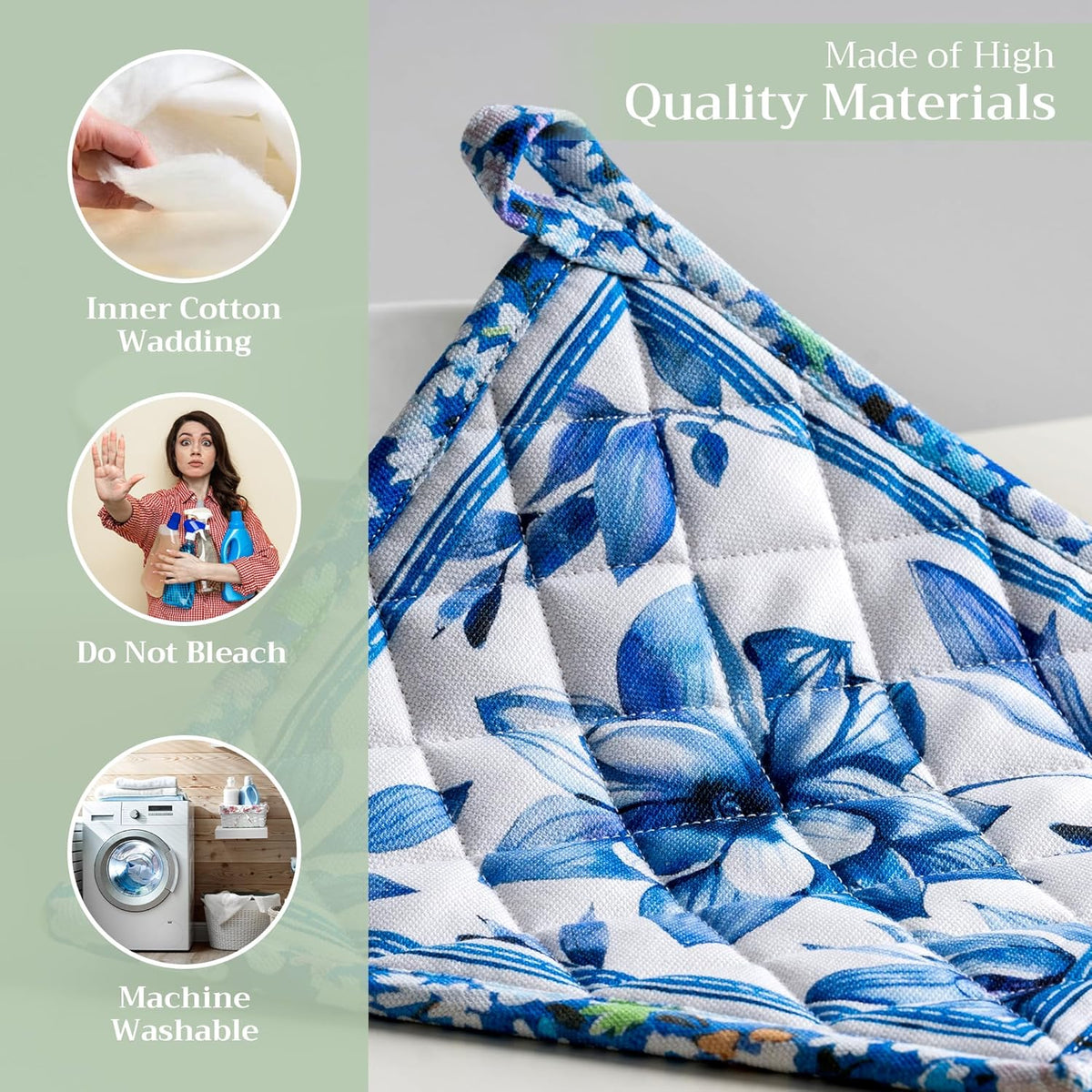 Maison d' Hermine Pot Holders 100% Cotton Heat Resistant Potholders 8" x 8" Hot Pads with Loop BBQ, Cooking, Baking, Grilling, Kitchen, Handling Hot Pans Spring/Summer (Pack of 1, Summer Blues)