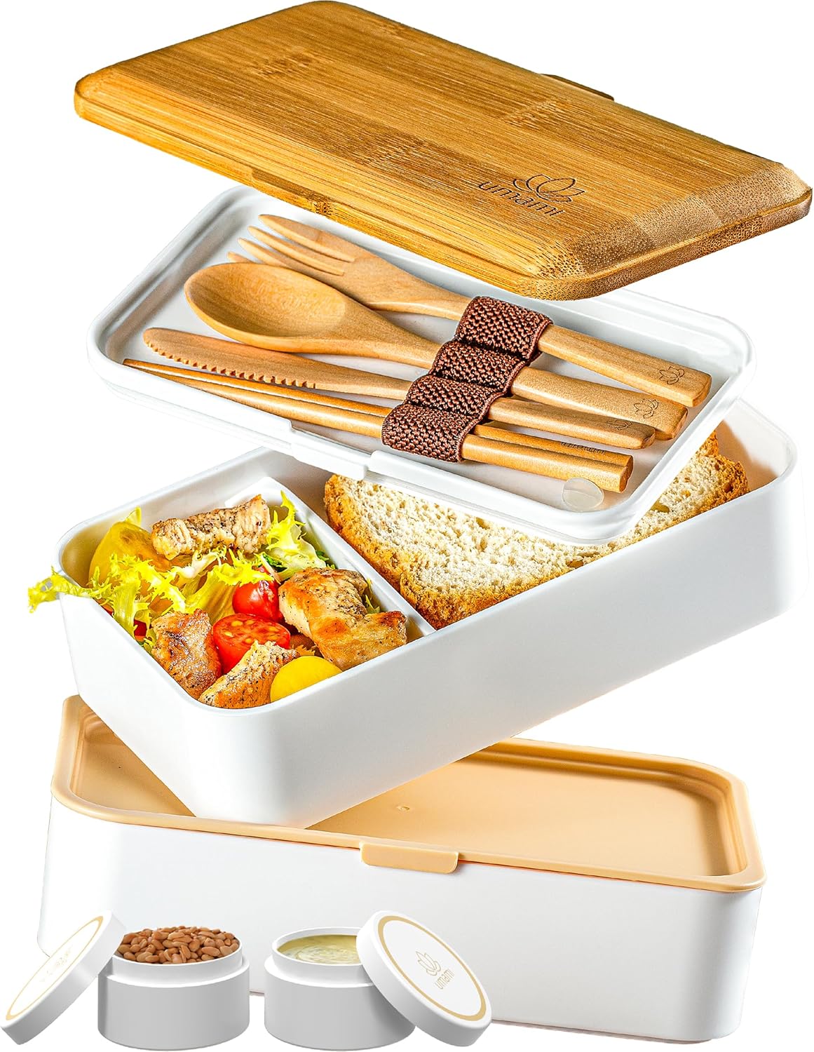 Umami Bento Box Adult All-In-1 w/4 Utensils, 2Sauce Jars, 2 Dividers, 100% Leakproof, Microwave & Dishwasher Safe, Stackable Bento Lunch Box Containers for Men/Women, White Bamboo, 40 oz