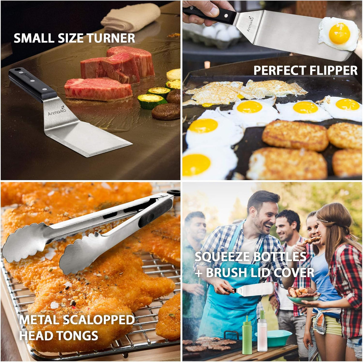 Metal Spatula Set of 4 - Griddle Accessories kit - Grill Flat Spatula Pancake Flipper Hamburger Turner - Metal Utensil Great for BBQ Grill Flat Top Cast Iron Griddle