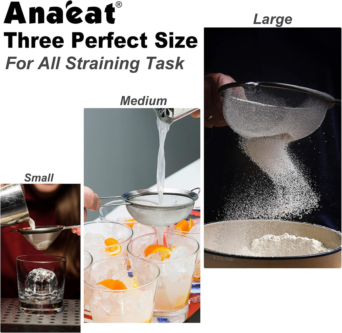 Anaeat Fine Mesh Strainers - Premium Stainless Steel Colander Sieve Sifters, with Durable Mesh and Sturdy Handle, Excellent for Sifting Dry ingredients, Flour, Pastas, Rice, Tea (8.67"）
