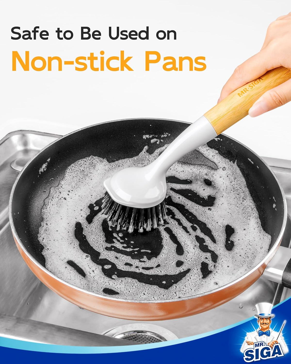 MR.SIGA Dish Brush with Handle, Dish Scrub Brush with Built-in Scraper, Bamboo Dish Brush for Pots and Pans, Kitchen Sink, 2 Pack