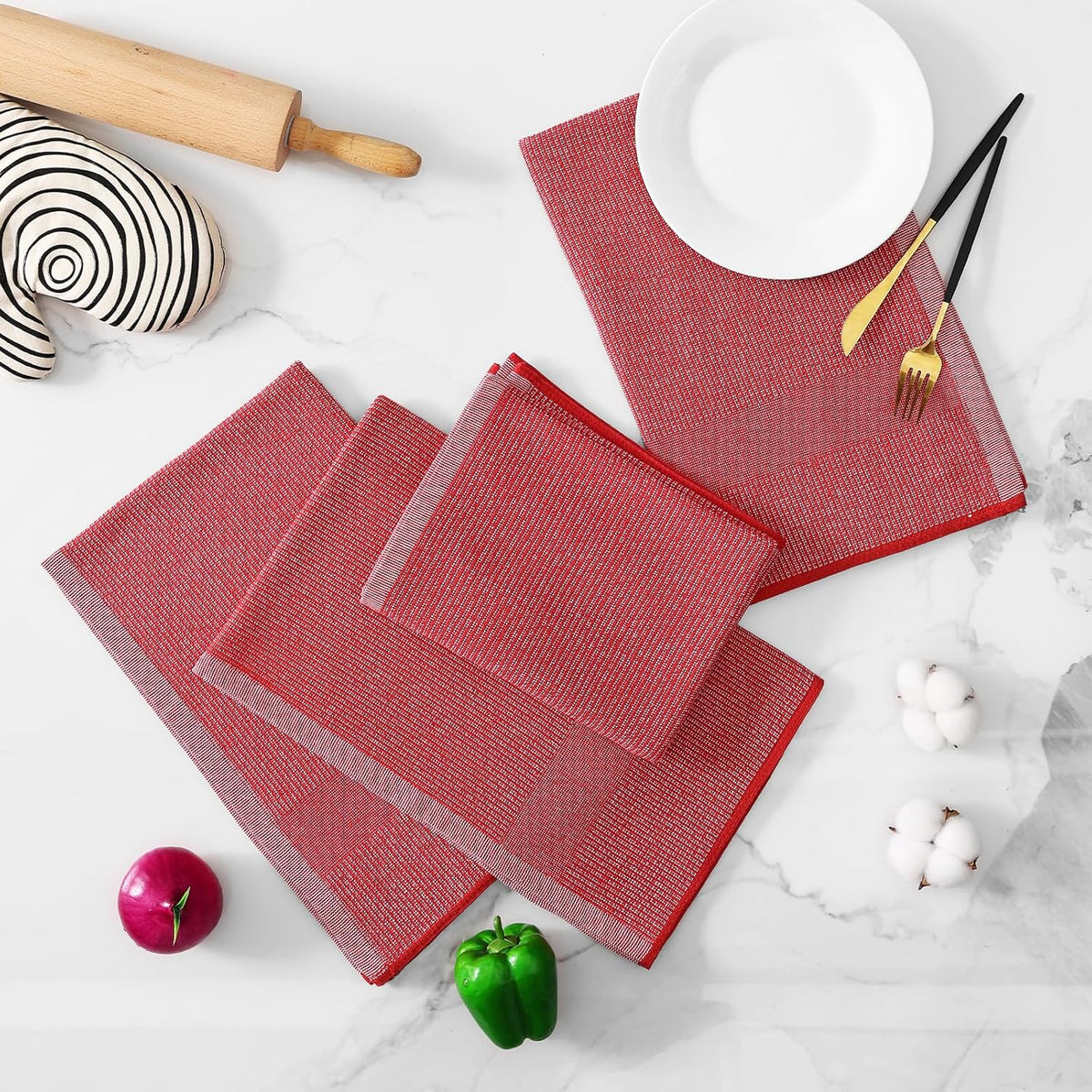 Homaxy Premium Kitchen Towels(18”x 28”, 8 Pack), Large Cotton Kitchen Hand Towels, Flat and Terry Dish Towels, 380 GSM Highly Absorbent Tea Towel Set with Hanging Loop, Red