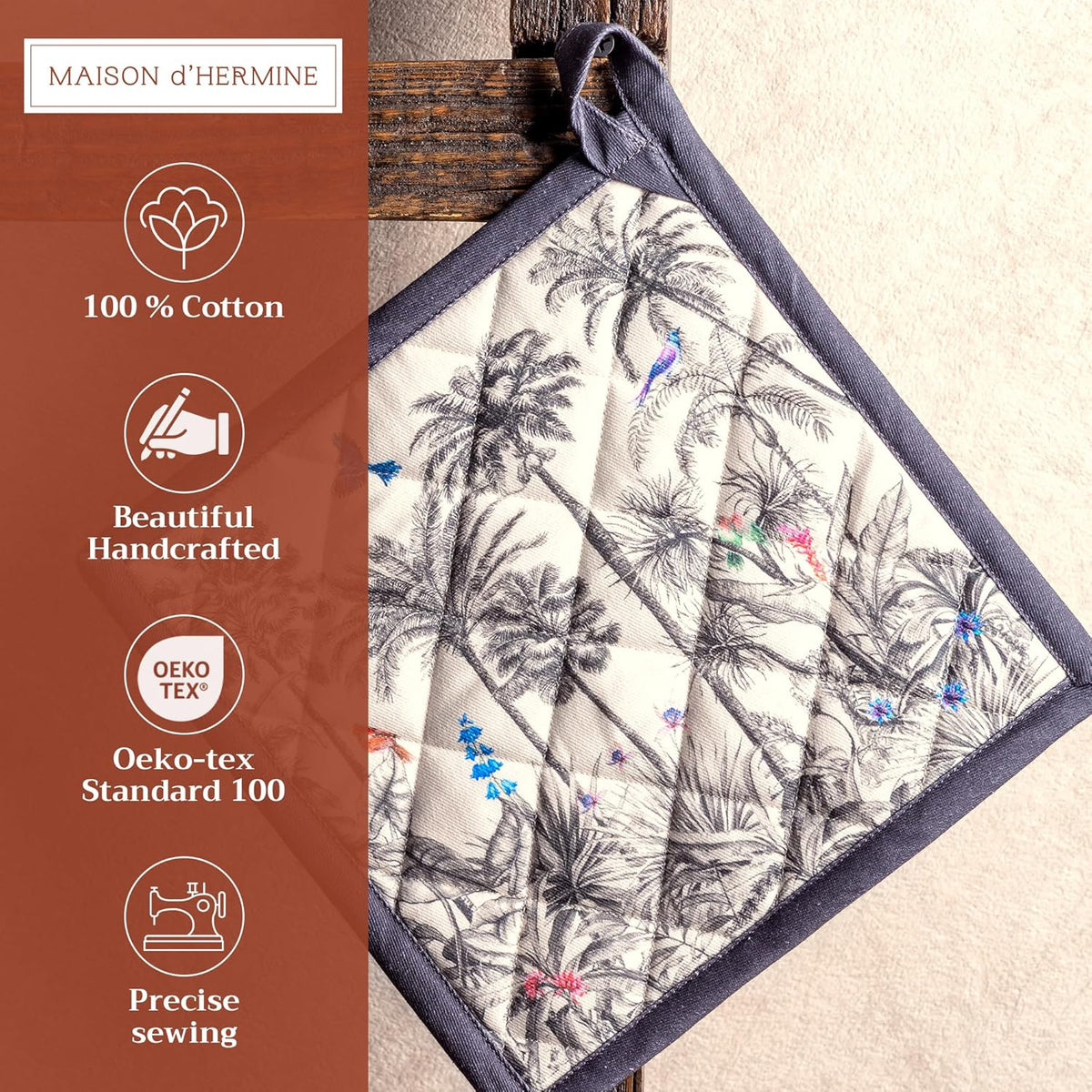 Maison d' Hermine Pot Holders 100% Cotton Heat Resistant Potholders 8" x 8" Hot Pads with Loop BBQ, Cooking, Baking, Grilling, Kitchen, Handling Hot Pans (Pack of 1, Amazonia)