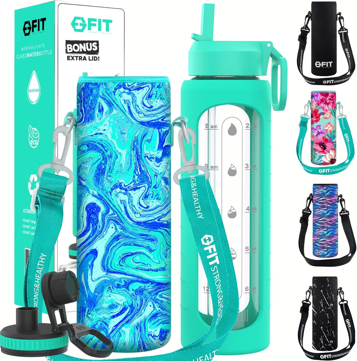FIT Strong & Healthy 32 oz Glass Water Bottle with Straw Lid, Time Marker, Sleeve & Extra Lid - Motivational, Wide Mouth 1 Liter Glass Drinking Bottle