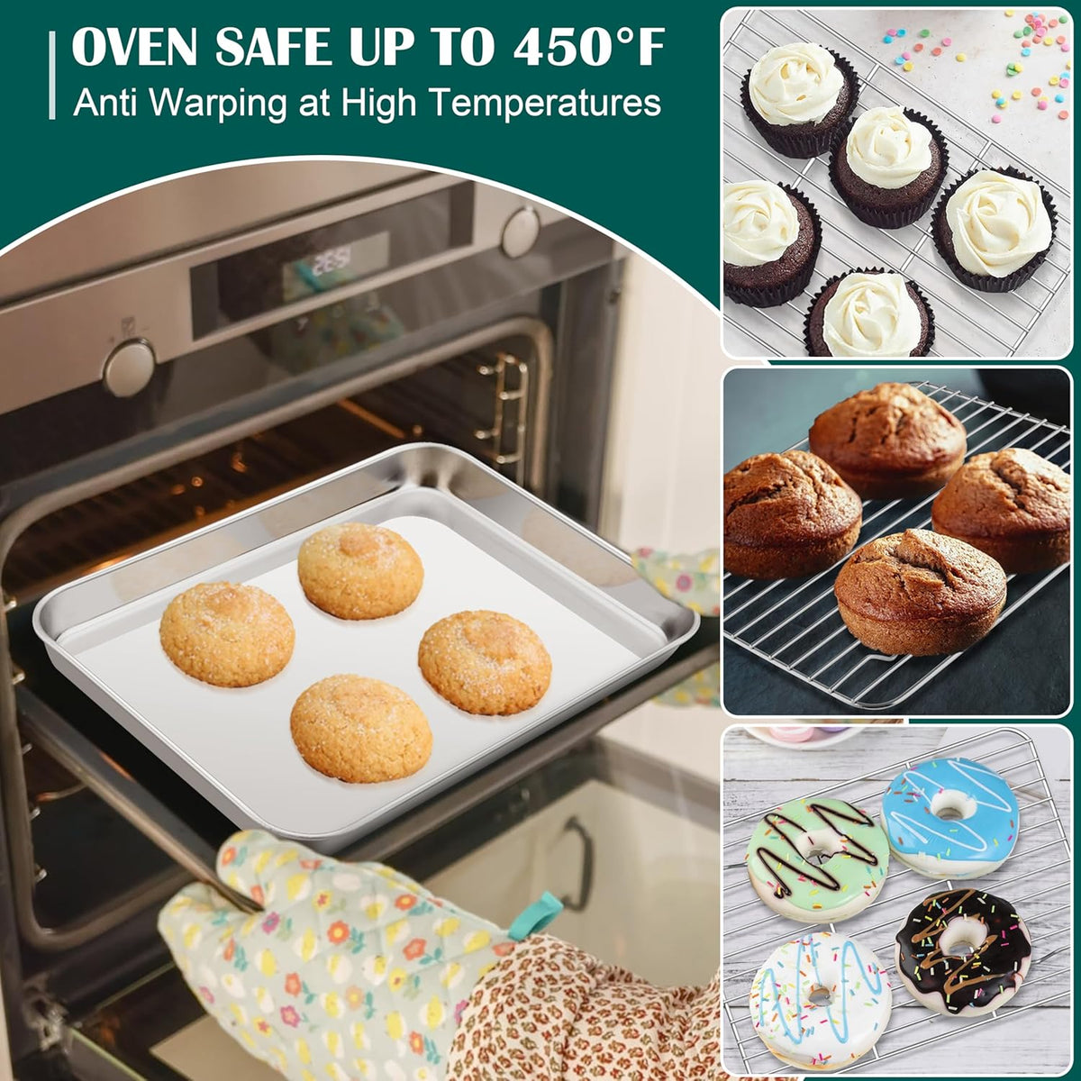 E-far Small Baking Sheet with Wire Rack (2 Pans + 2 Racks), Stainless Steel Cookie Sheets Trays & Cooling Rack for Toaster Oven, Non Toxic & Warp Resistant, Oven & Dishwasher Safe, 9.4 x 7.3 x 1 Inch