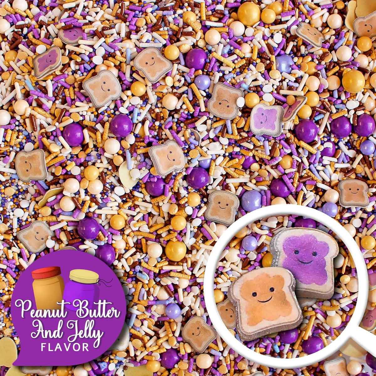 Sprinkle Pop PB&J Sprinkle Mix| lavender Purple Gold Cream Chocolate Sprinkles with ~10 Peanut Butter & Grape Jelly Slice Wafer Papers| Sprinkles Made in USA for Decorating Cake Cupcakes Cookies, 2oz