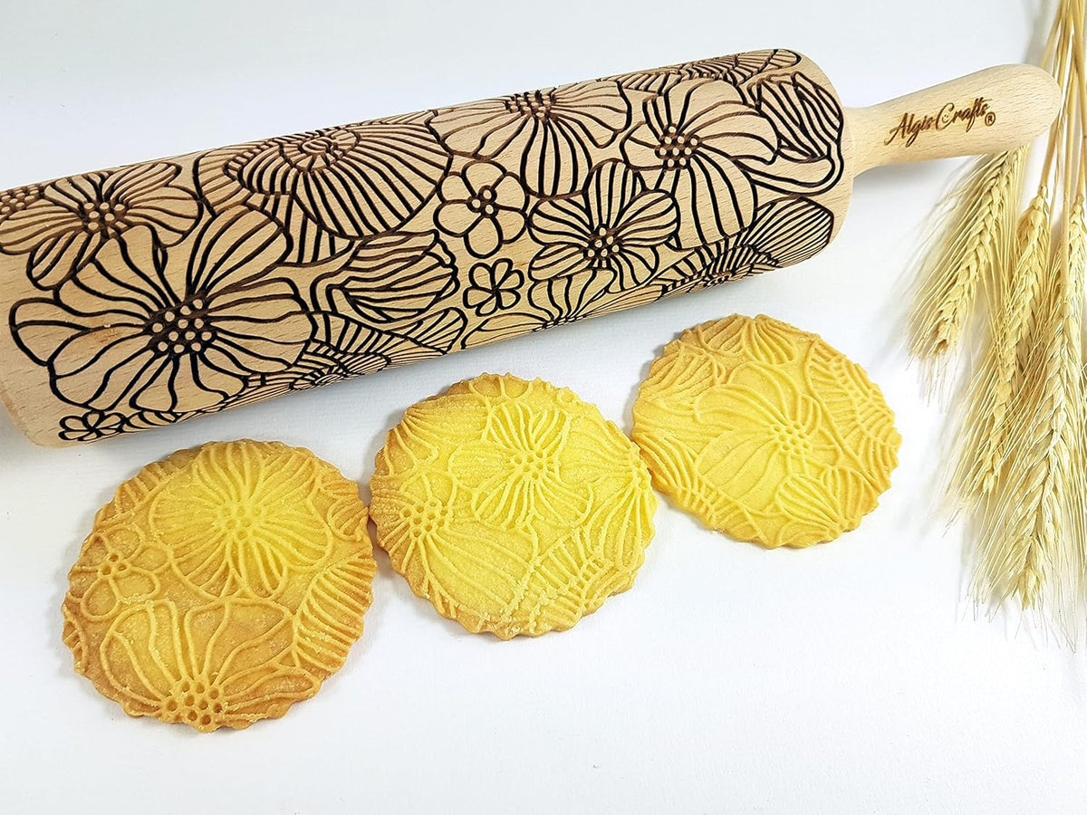 POPPY Embossing Rolling Pin with Wildflower Corn Poppies Pattern. Dough roller for embossed cookies and Pottery by Algis Crafts