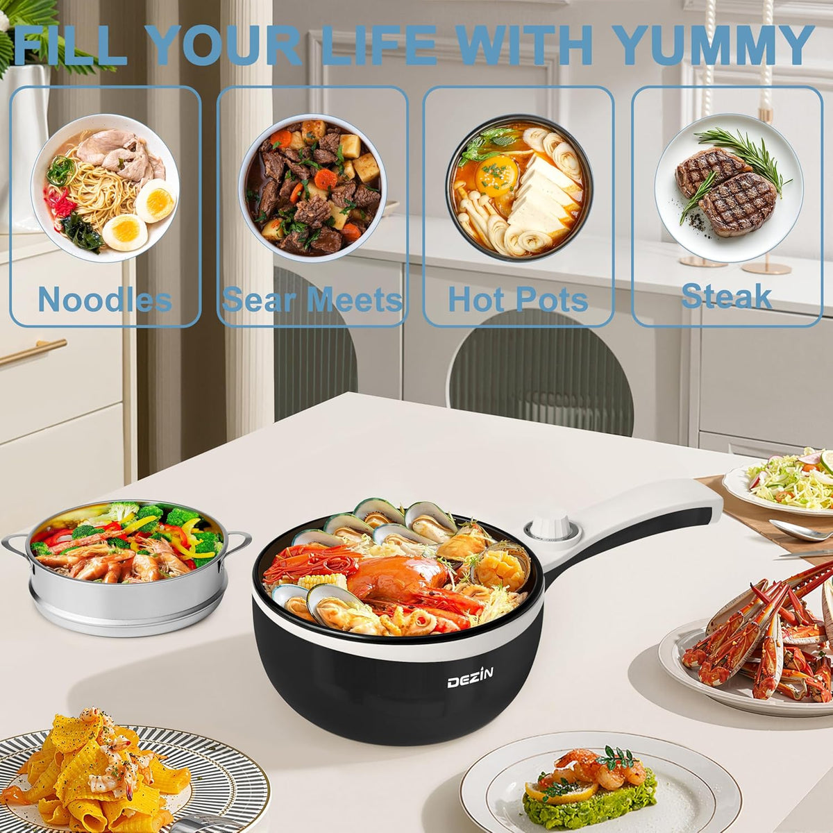 Dezin Hot Pot Electric with Steamer Upgraded, Non-Stick Sauté Pan, Rapid Noodles Electric Pot, 1.5L Mini Pot for Steak, Egg, Fried Rice, Ramen, Oatmeal, Soup with Power Adjustment
