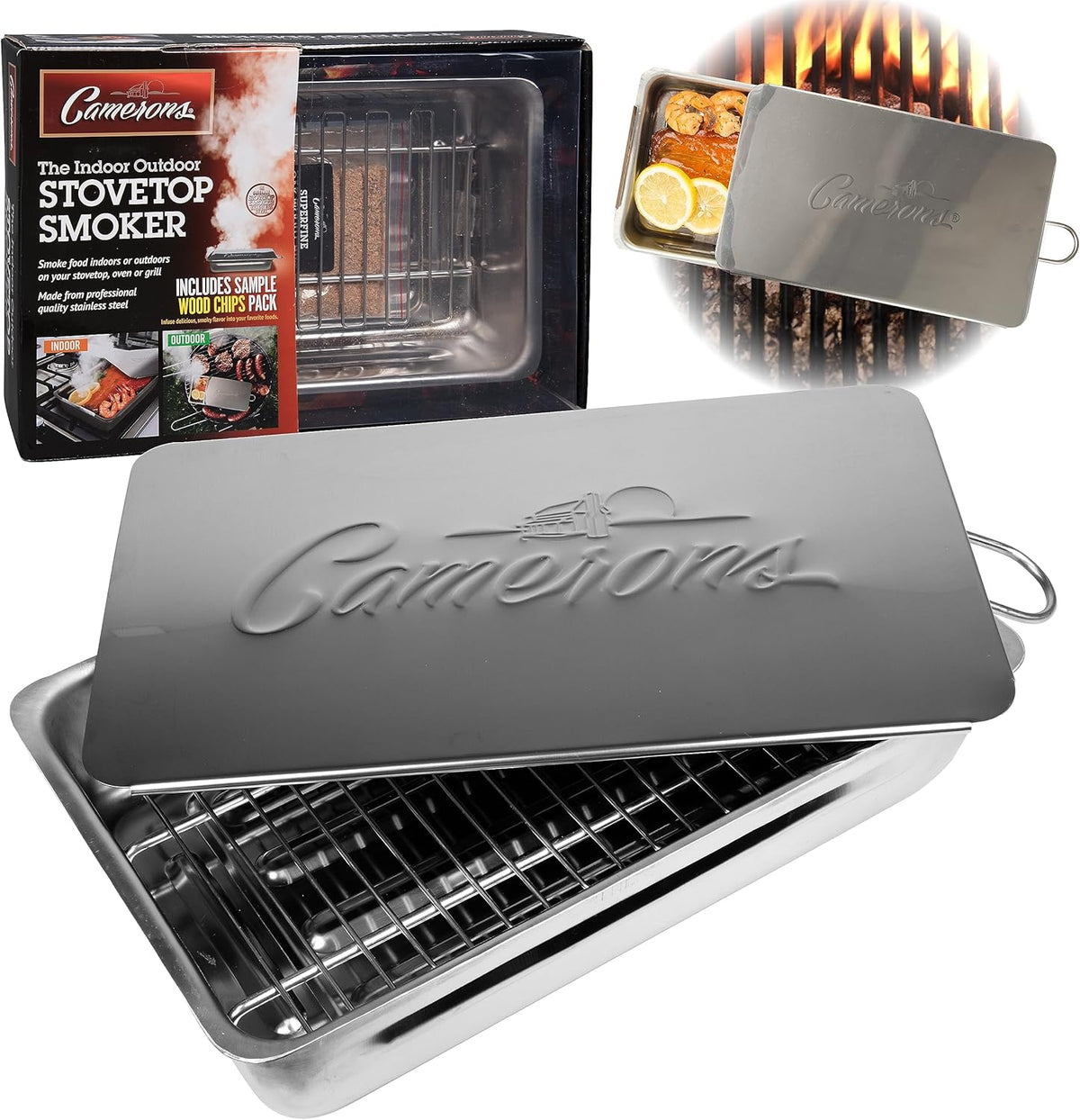 Camerons Indoor Outdoor Stovetop Smoker - Stainless Steel Barbecue Smoker Box w/Oak Wood Chips & Recipes - Works On Any Heat Source, Stovetop or BBQ Grill for Smoking Meats - Grilling Gift for Men