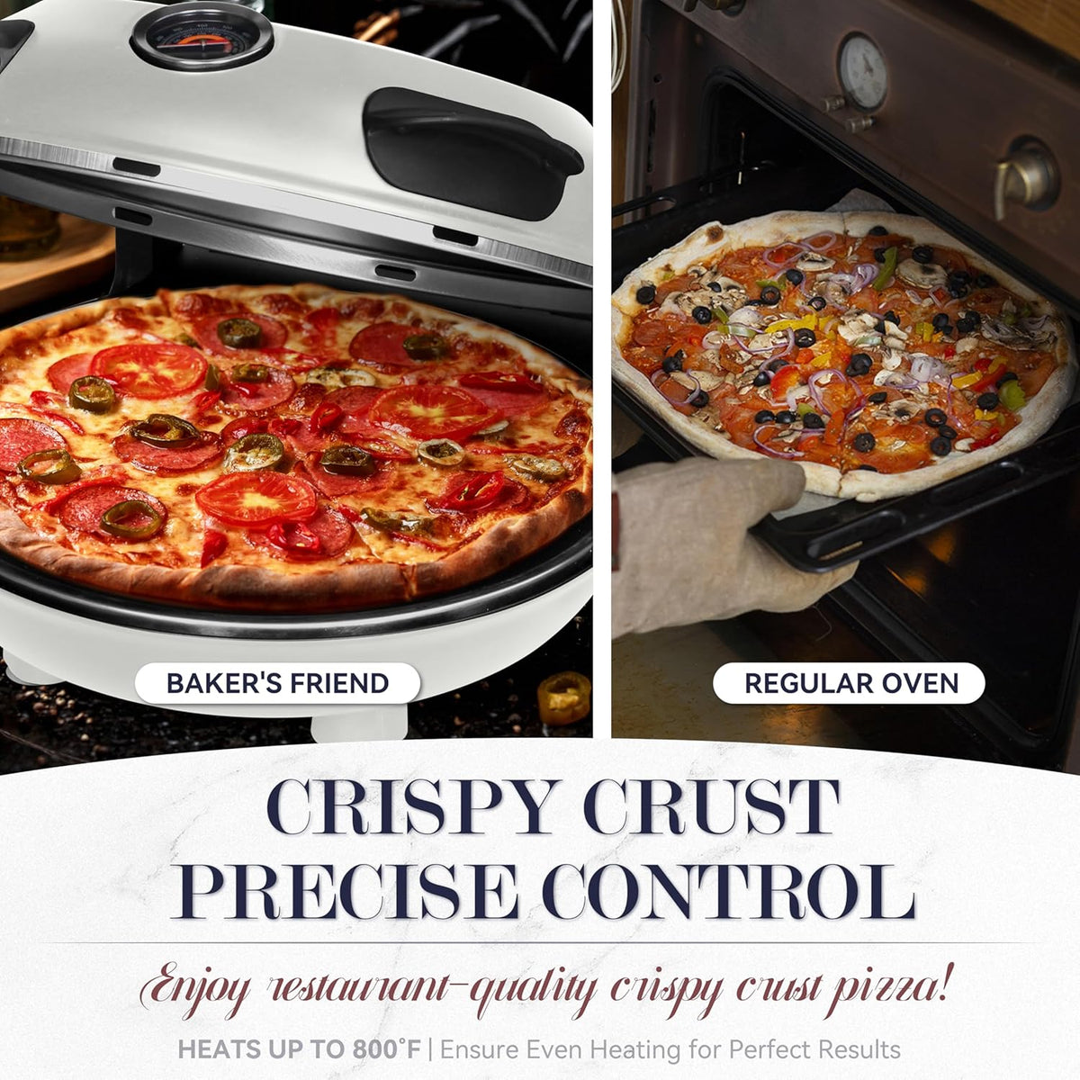 Baker's Friend Electric Pizza Oven Indoor Countertop, 12 Inch Maker Machine for Home, Cooker & Grill, Premium Glazed Ceramic Stone Oven, Creamy White