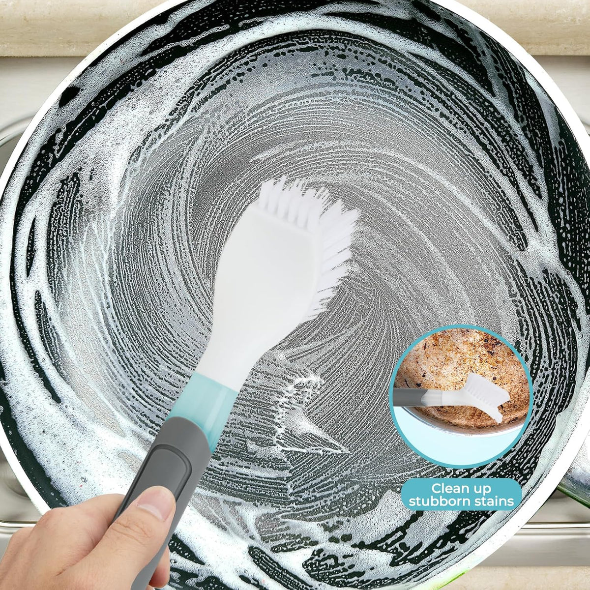 Dish Brush with soap Dispenser，4 PCS Replacement Brush Refills dishwashing Brush Set for Kitchen Utensils, Pans, Sinks, cookware