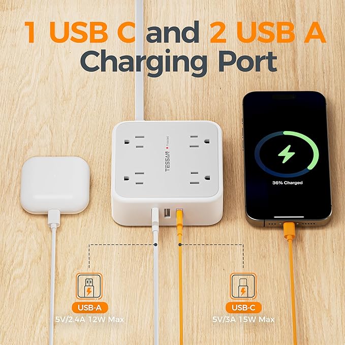 TESSAN Surge Protector Power Strip, 5 Ft Flat Plug Extension Cord with 3 USB (1 USB C) 8 Outlets, 900J Surge Protection, 3 Sided Outlet Extender with Power Switch for Office, Dorm Room Essentials