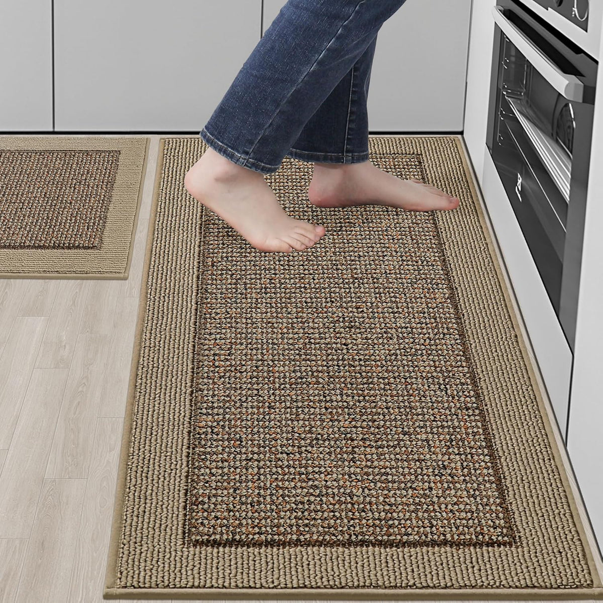 BEQHAUSE Kitchen Rugs and Mats Set of 2 Non-Slip Kitchen Mats for Floor, Absorbent and Stain Resistant Kitchen Runner, Machine Washable Rugs for Kitchen, Laundry & Sink, 20"x32"+20"x48", Taupe