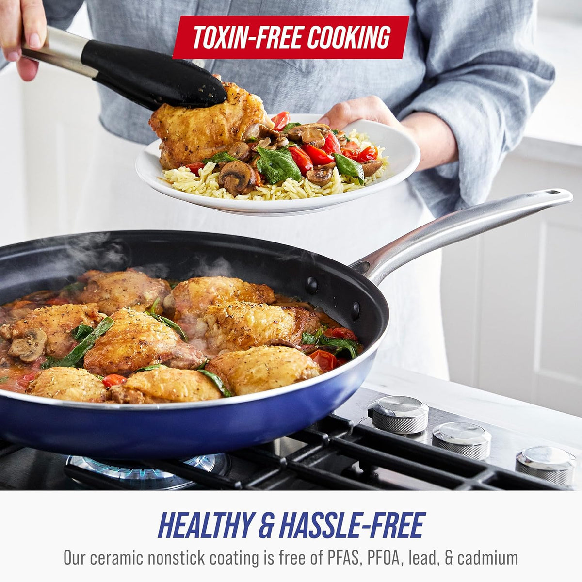 Blue Diamond 8” & 10" Nonstick Frying Pan Skillet Set, Diamond Infused PFAS & PTFE-Free Ceramic Pots & Pans, Dishwasher & Oven Safe, Stay Cool Handles, Non Toxic Metal Utensil Safe, Blue & Grey