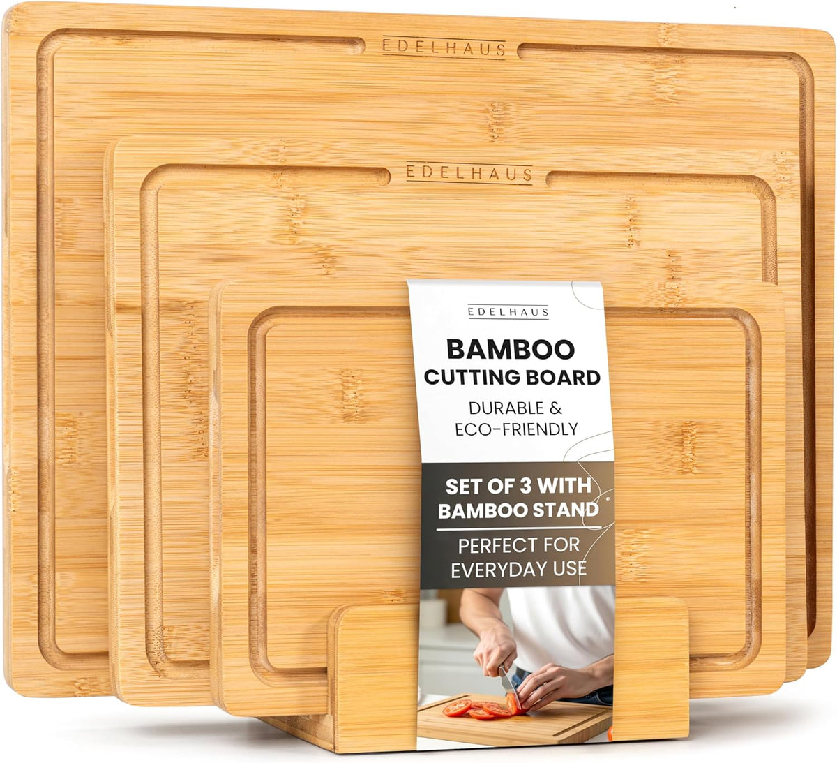 Bamboo Wooden Cutting Boards for Kitchen, Cutting Board Set of 3, Chopping Boards with Juice Groove for Meat, Cheese & Vegetables - Durable, Double sided wood cutting board with serving Compartments