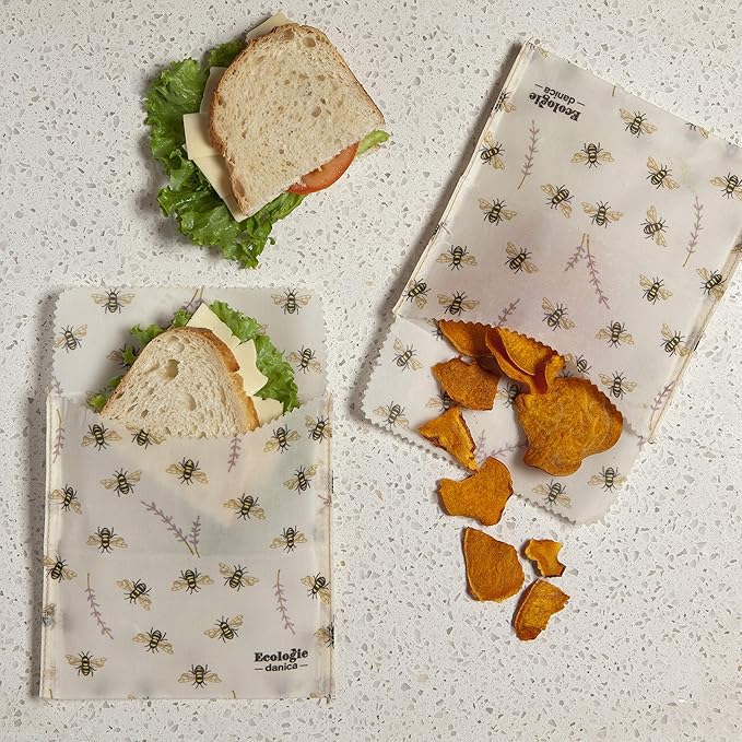 Ecologie by Danica Reusable Beeswax Sandwich Bag Bees, Reusable Food Storage Wrap, W6.5 x L6.5", Set of 2