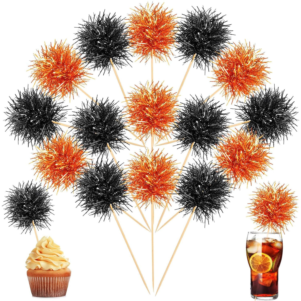 Chinco 100 Pcs Foil Firework Cupcake Toppers Sparkle Tinsel Cake Toppers Cake Decoration Cocktail Fruit Toothpick for Birthday Wedding Graduation Party(Orange, Black)