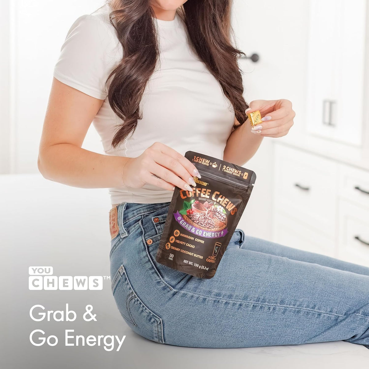 YouChews Coffee Chews - Grab & Go Energy with 100mg per Chew of Clean, Green Caffeine. With Real Organic Ingredients, Low Sugar, Great Bold Taste & Long Lasting Energy Boost (30 Chews Pack)