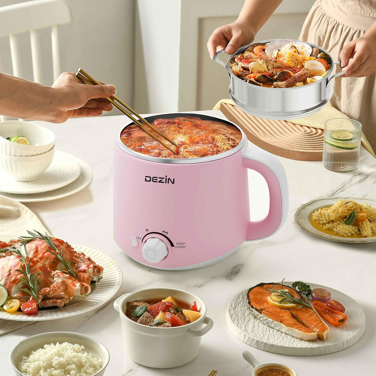 Dezin Electric Pot with Steamer, Hot Pot Electric 1.6L, Stainless Steel Cooker for Ramen, Egg, Dumpling, Soup, Oatmeal with Temperature Control and Keep Warm Function, Pink