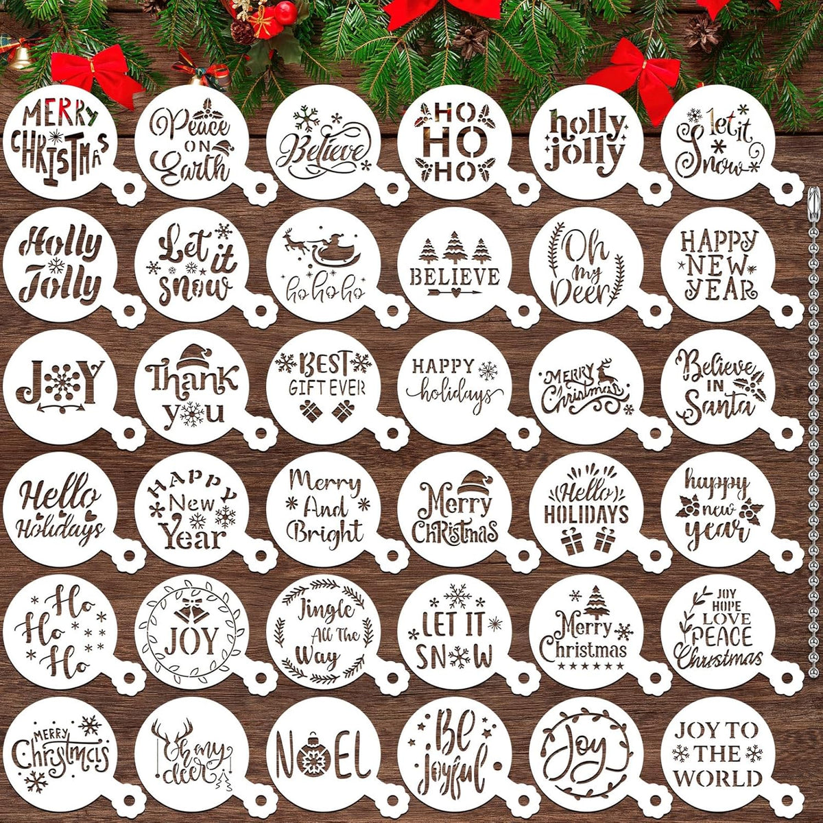 JULBEAR 36 Pieces Reusable Christmas Cake Stencils Templates Molds Tools for Christmas Holiday New Year Cookies Baking Painting Dessert Coffee Decoration