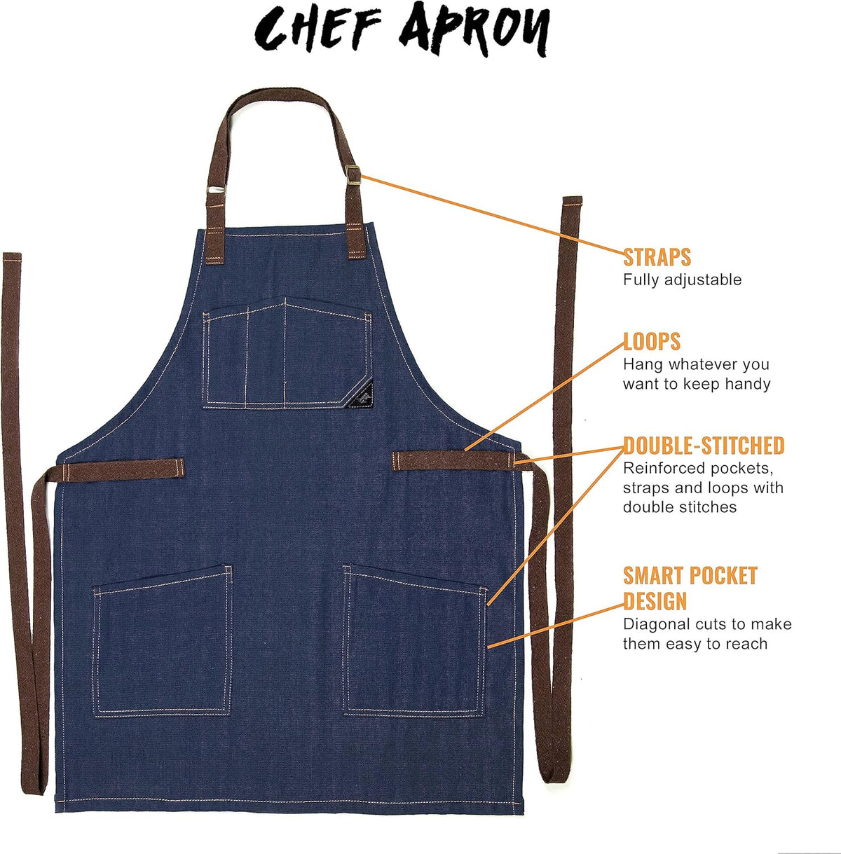 Under NY Sky Chef Apron – Professional Blue Denim – Cotton Straps - Smart Pockets - Adjustable for Men and Women – Pro Chef, Cook, Kitchen, Baker, Barista, Bartender, Server Aprons
