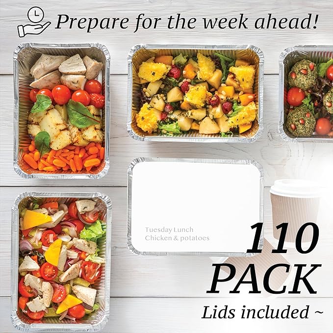 Spare Essentials 110 Pack - 2.25LB Aluminum Pans with Cardboard Lids - To go Foil Containers with Lids - Disposable Food Containers - Foil Take Out - Meal Prep Trays Foil Tins Freezer Meals Comercial
