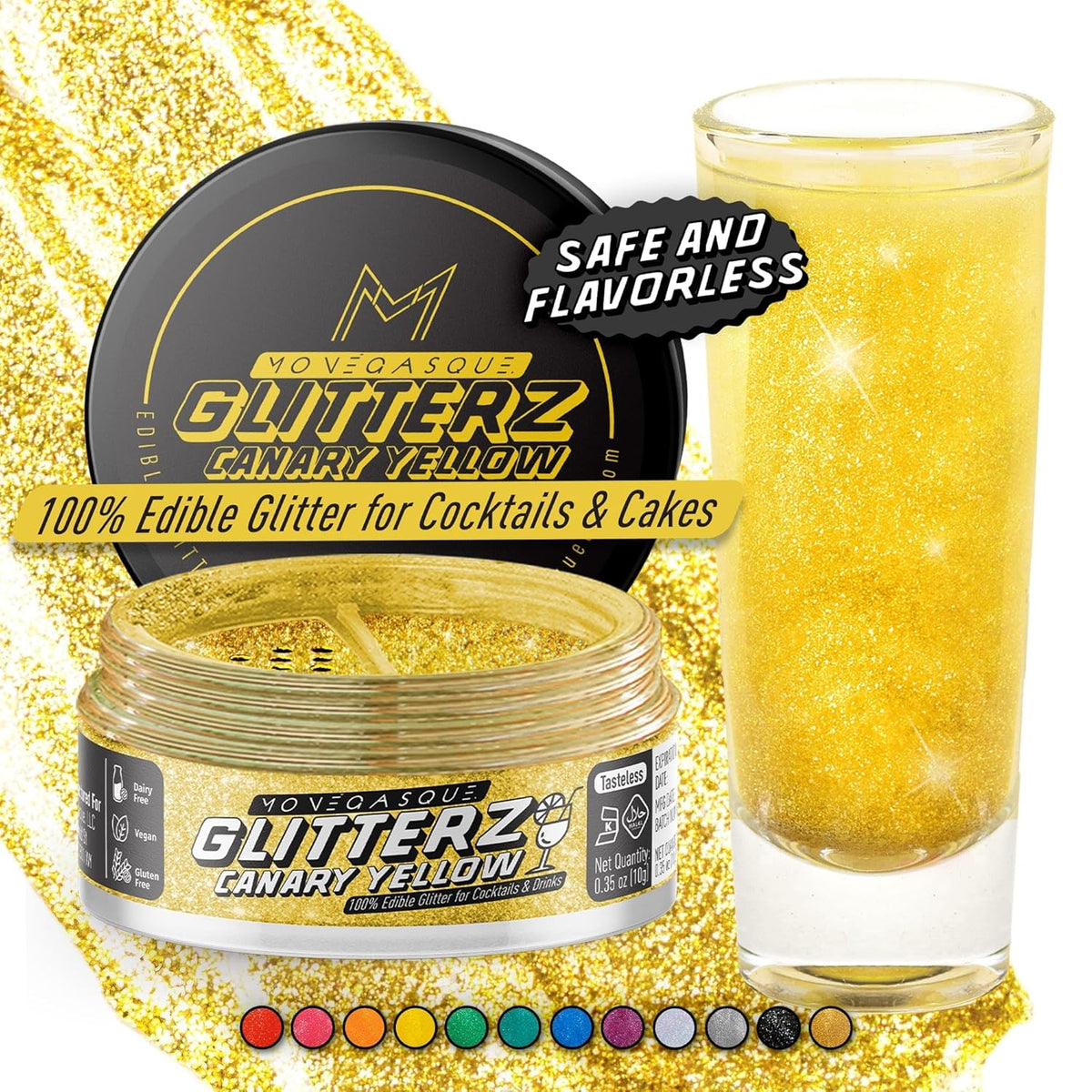 MONÉGASQUE Canary Yellow Edible Glitter for Drinks 10g – Yellow Edible Glitter for Cakes & Cocktails – Halloween Cocktail Drink Shimmer Flakes - Food Decorating & Cake Decorations Spray Dust