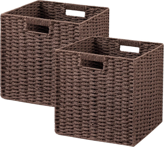 UBBCARE 2 Pack Wicker Basket, 11L×11H×10.5W inch Woven Paper Rope Storage Baskets for shelves, Foldable Cube Storage bin with Handle, Storage Basket for Organizing & Decor, Brown