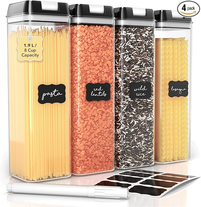 Simply Gourmet Airtight Food Storage Containers with Lids – 4 Piece Slim Kitchen Pantry Organization Set, 8 Cup Capacity, BPA-Free Clear Plastic, Stackable Containers for Flour, Sugar, Rice, Snacks
