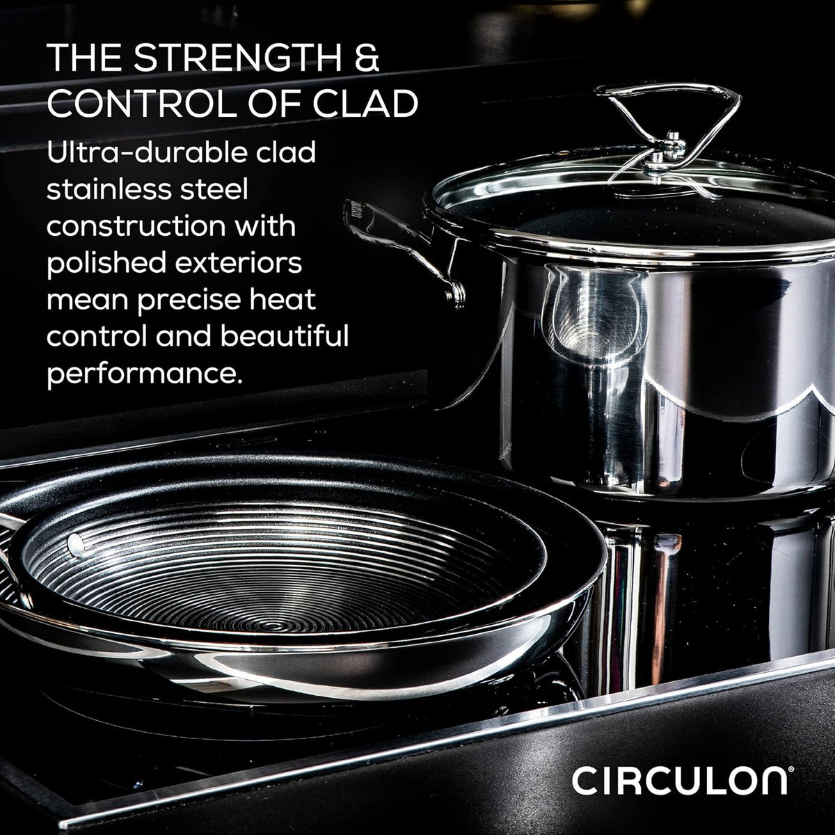 Circulon Clad Stainless Steel Induction Frying Pan and Wok Set with Hybrid SteelShield and Nonstick Technology, 4 Piece - Stainless Steel