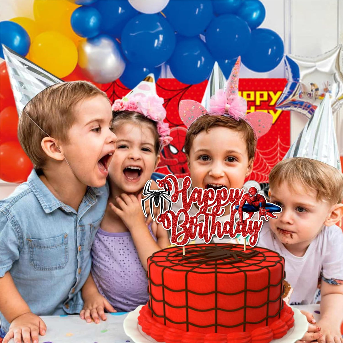 Spidrmn Happy Birthday Cake Topper – Superhero Cake Decoration for Boys, Party Supplies, Super hero-Themed Birthday, Spidr-Mn Party Accessory - Birthdays Decorations.