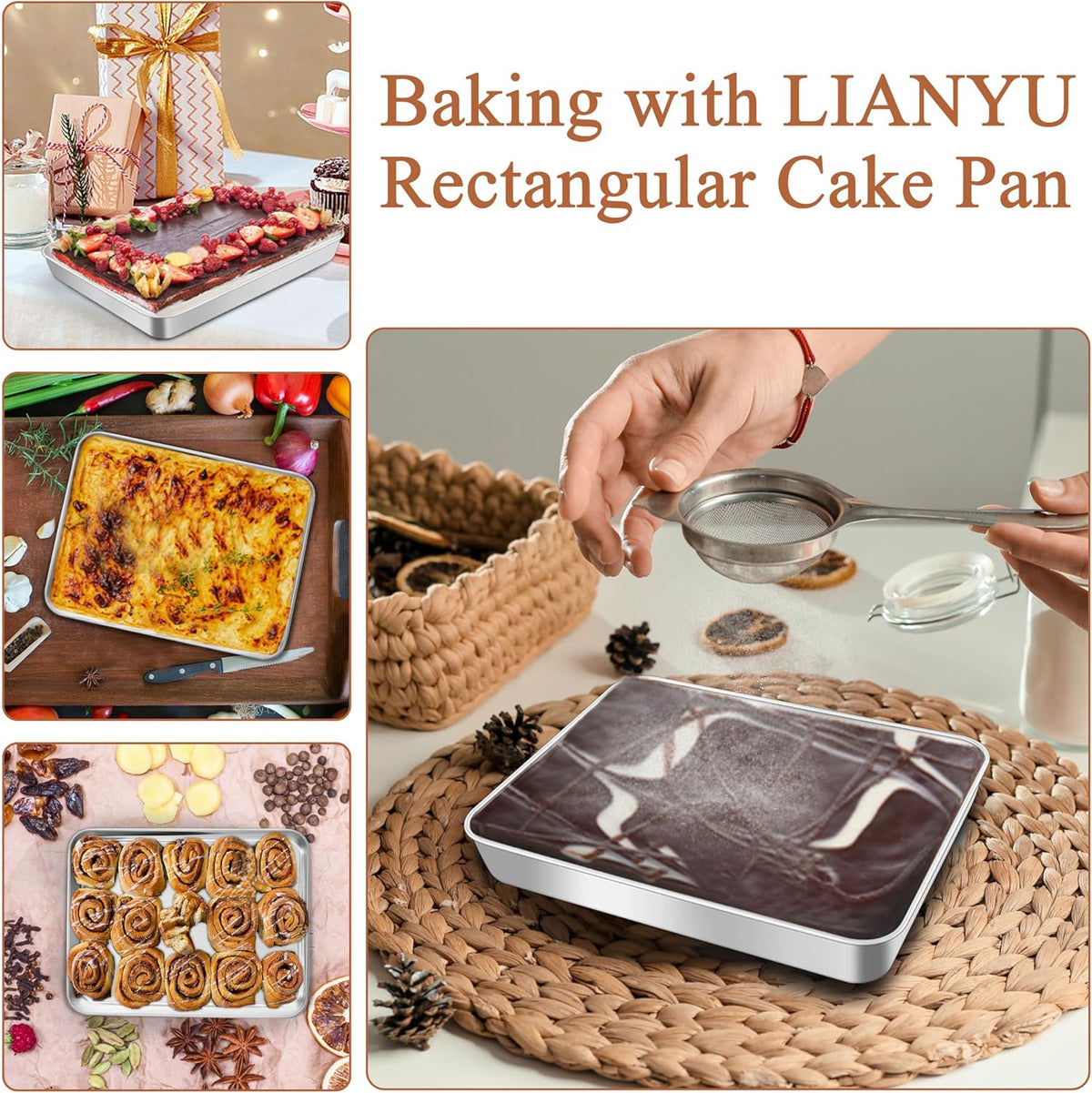 LIANYU 12⅓ x 9¾ x 2 Inch Baking Cake Pan, Rectangle Bakeware for Lasagna Brownies Casseroles, Stainless Steel Toaster Oven Pan, Dishwasher & Oven Safe