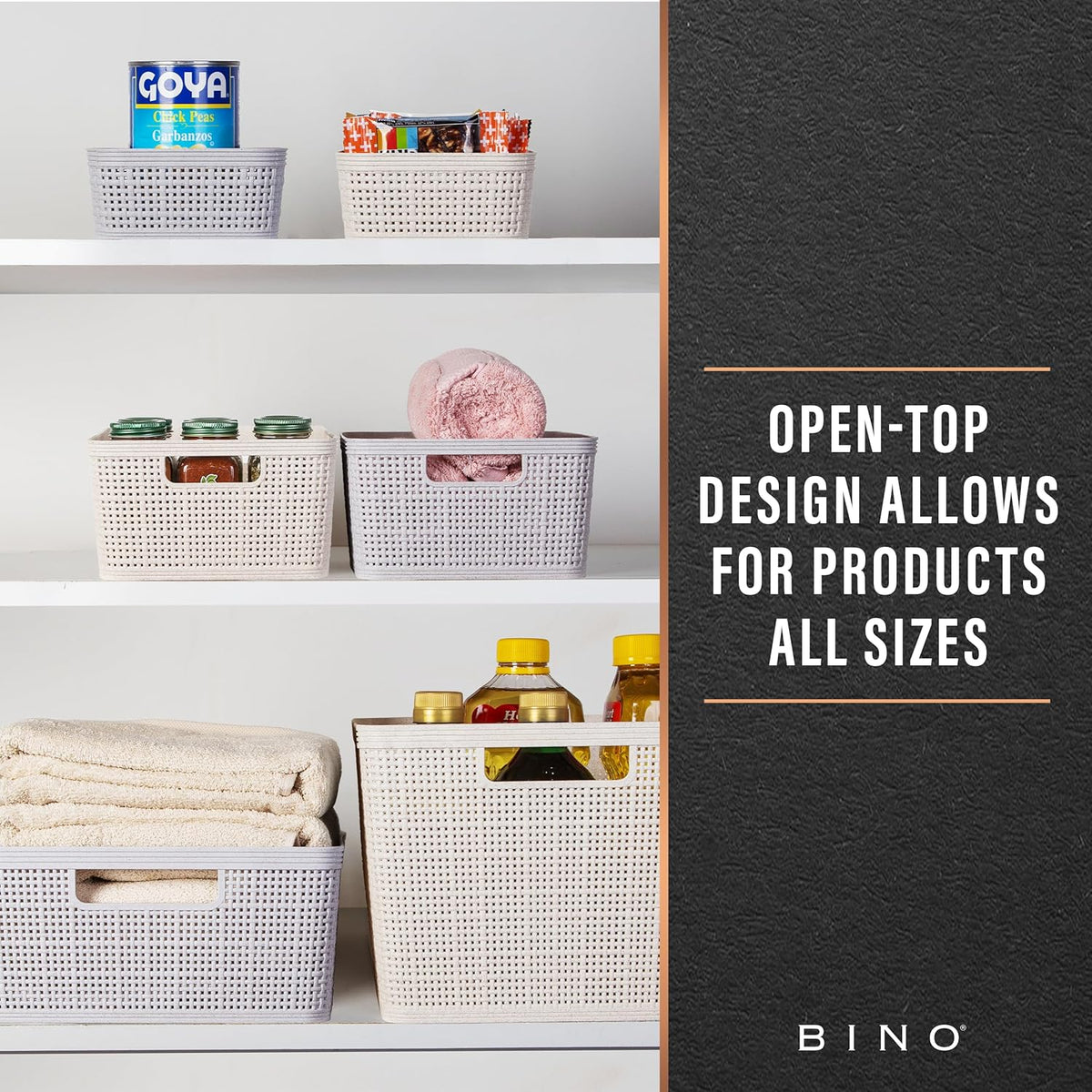 BINO | Woven Plastic Basket | Small (Natural Grey), 4-Pack | THE JUTE COLLECTION | Home Organization, Space - Saving Storage, Stylish Design | Jute Basket | Plastic Storage Basket