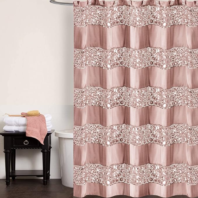 Zahari Home 13pc Sinatra Bathroom Shower Curtain Set - Blush Luxury Fabric With 12 Hooks - Unique Design Bling