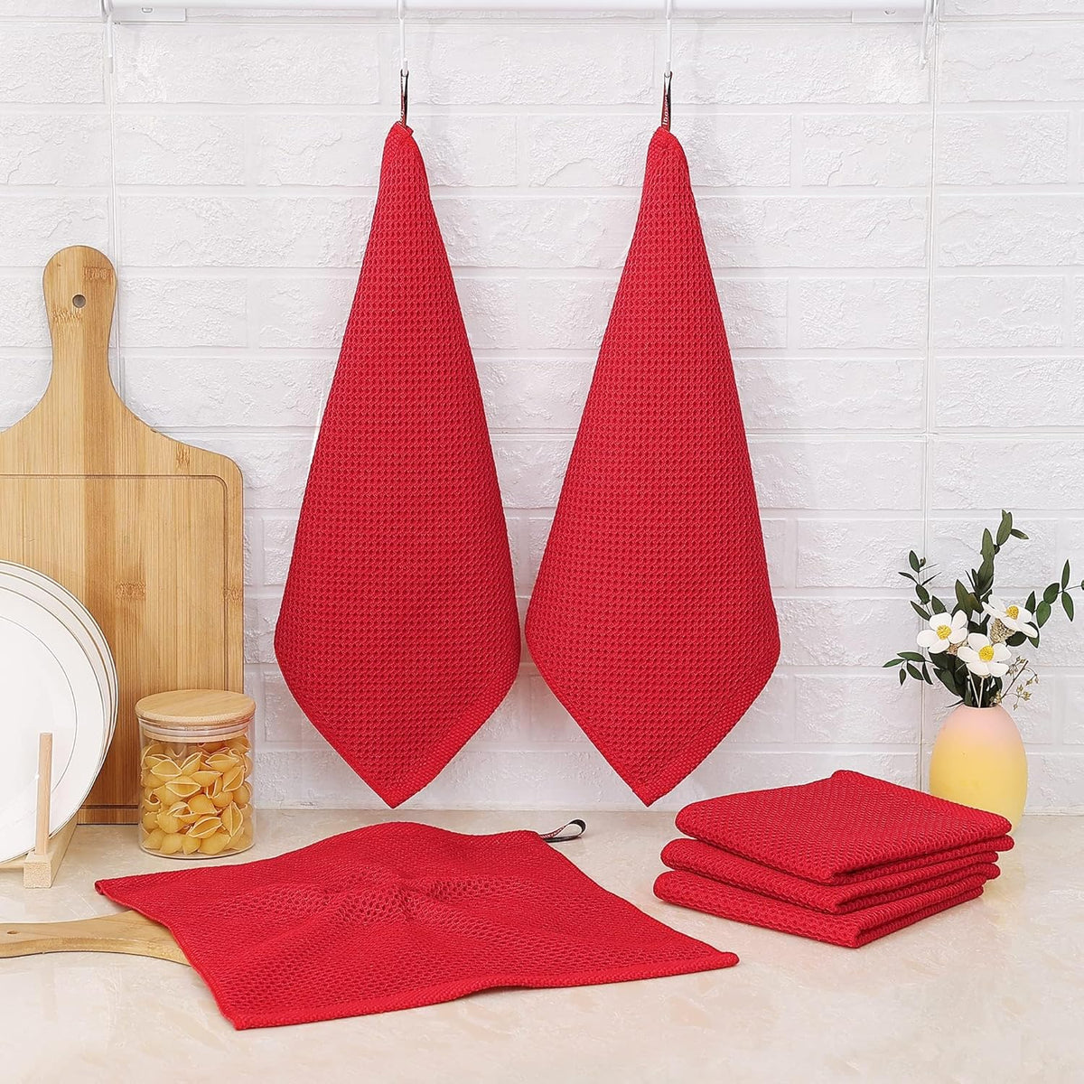 Kitinjoy 100% Cotton Kitchen Dish Cloths, 12 Pack Waffle Weave Ultra Soft Absorbent Dish Towels for Drying Dishes Quick Drying Kitchen Towels Dish Rags, 12 X 12Inch, Red